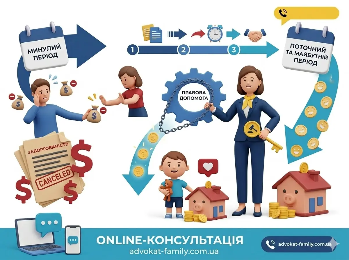 3D інфографіка процесу стягнення заборгованості по аліментах та виплат за минулі роки через адвоката.