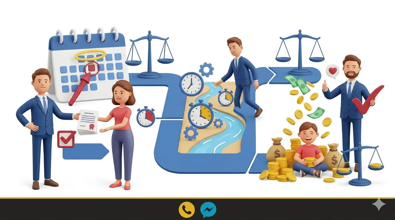 Преміальна 3D-інфографіка, що пояснює процес, з якого моменту нараховуються аліменти після подання заяви. Адвокат супроводжує клієнта, показуючи шлях від дати в календарі до щасливої дитини з фінансовим забезпеченням. Наявні терези правосуддя.