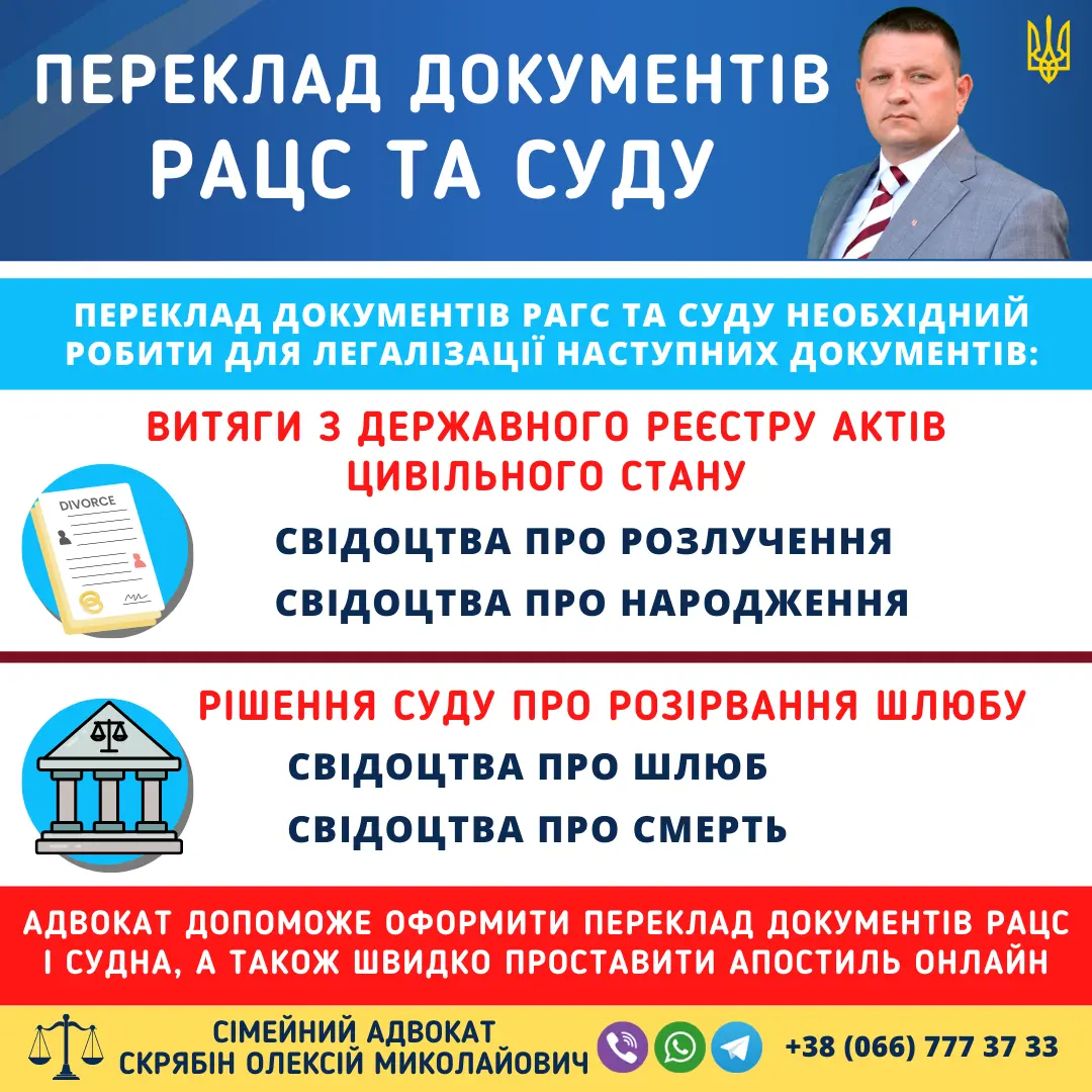 Переклад документів РАЦС та суду в Україні – переклад свідоцтв і судових рішень для легалізації документів через адвоката